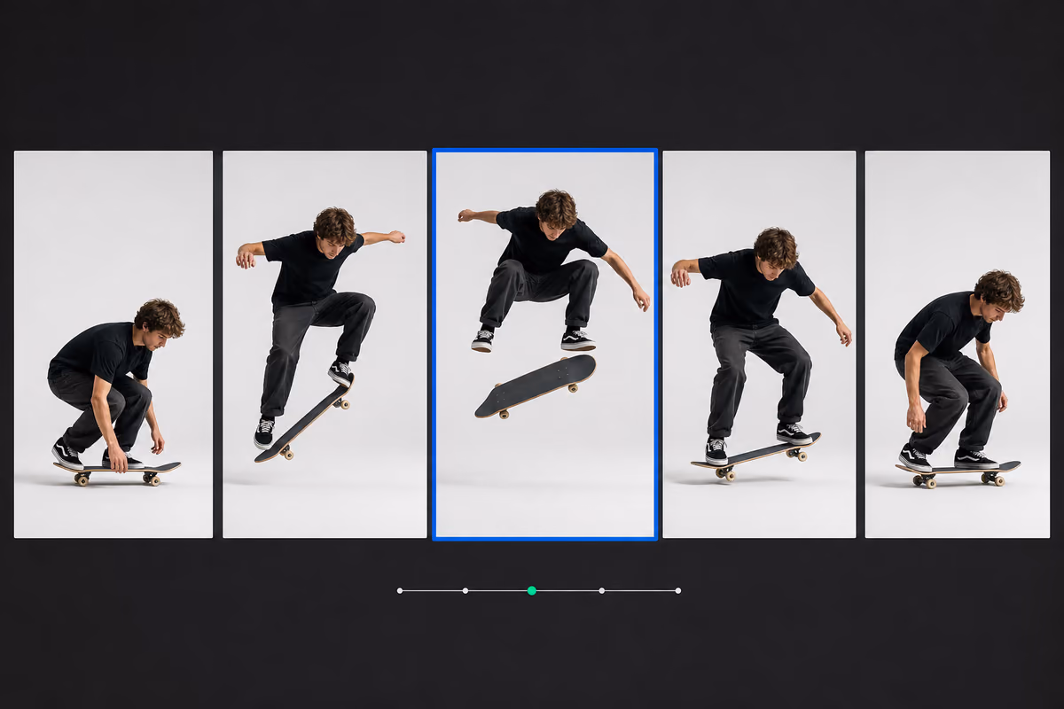 Five consecutive frames of a skateboard jump with the sharp peak-action frame selected